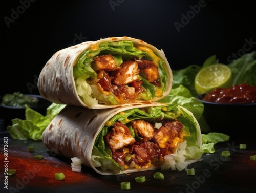 Burrito wrap with chicken and lettuce on a dark background.