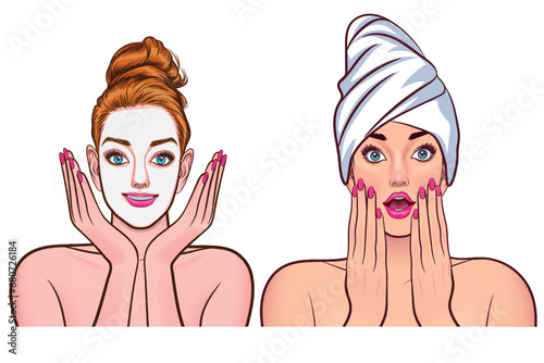 Set of beautiful girls comic pop art style doing skin care routine with naturel face mask . Wow pop art face with sexy surprised expression. Vector illustration pop art retro comic style V16