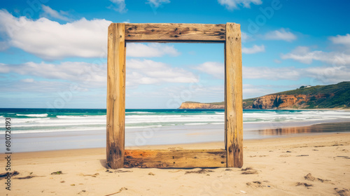 Weathered wooden frame on a sandy beach with sea backdrop.