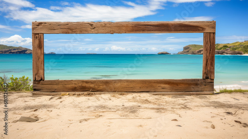 Weathered wooden frame on sandy beach with sea background.
