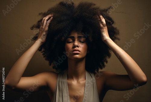 a woman with afro hair looks stressed and holding up her hands, minimal retouching, light brown and black, neurocore