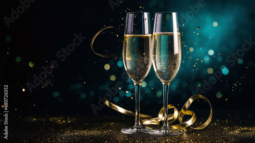 two glasses of champagne with elegantly curved divine gift ribbon as decoration with text area in front of a bokeh background