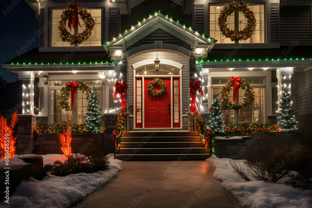 Illuminated house with Christmas wreaths and red ribbons, a welcoming holiday scene