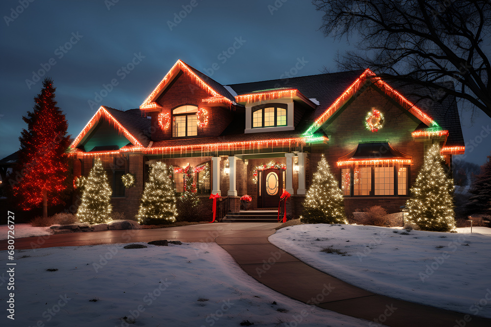Grand home exterior with Christmas lights and wreaths, celebrating the warmth of the season Grand home exterior with Christmas lights and wreaths, celebrating the warmth of the season