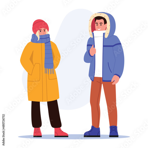Vector illustration of a boy and a girl in warm clothes. Cartoon scene of smiling boy and girl dressed in outerwear: hat, coat, jacket, scarf and warm shoes isolated on white background.