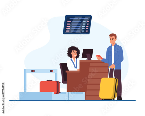Vector illustration of airport check-in. Cartoon scene of a man standing at an airport check-in desk with a signboard, showing his documents, checking a suitcase isolated on a white background.