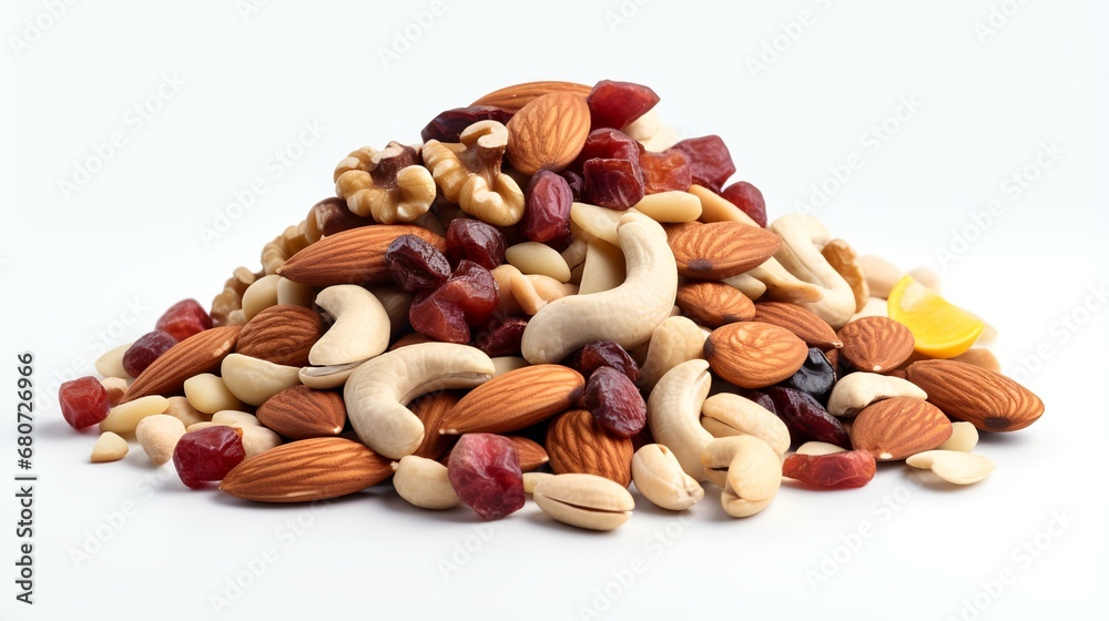Mix of Nuts and Dry Fruits Isolated on a White Background