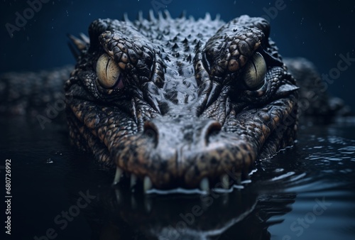 the alligator floating in the water balanced symmetry expressive facial features contrast-focused photos