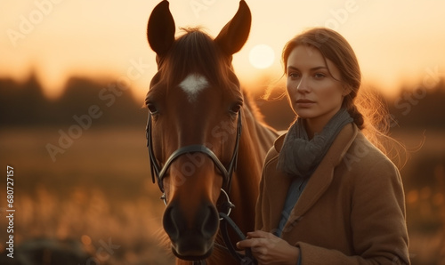 The evening sun bathes the landscape in warm, golden light. A woman stands next to her majestic horse in a vast field, surrounded by soft grasses and the soothing sound of the wind.