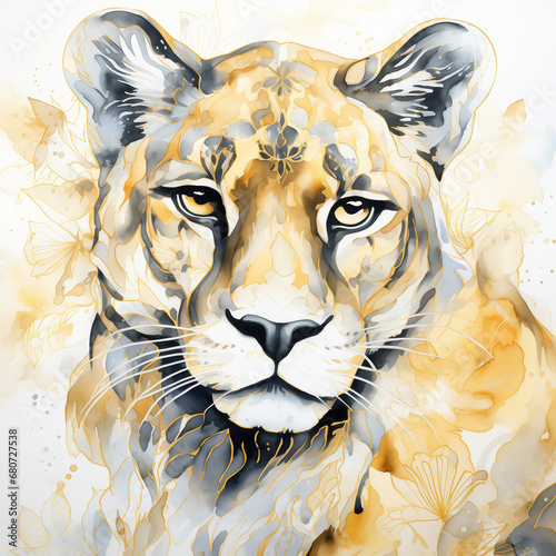 Portrait of a puma animal in watercolor style. Artwork created with Generative Ai technology