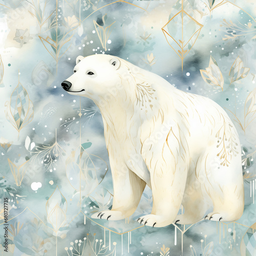 Fantasy polar bear among snow. Watercolor illustration created with Generative Ai technology