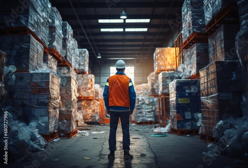 an employee stands in a warehouse full of recyclable, urban landscapes, dark orange, hikecore photo
