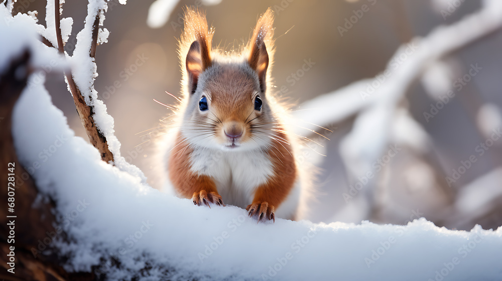 Squirrel in the winter with the snow Squirrel in the winter with the snow