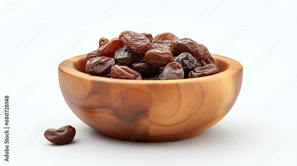 Raisins in wooden bowl isolated on white background Raisins in wooden bowl isolated on white background