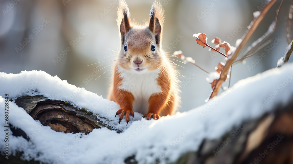 Fototapeta premium Squirrel in the winter with the snow