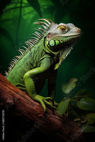 an iguana in green with a branch of a tree contemporary modernist forestpunk realist lifelike precision photo