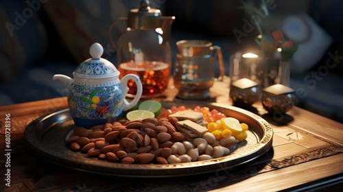 Traditional Arabic tea and dry fruits and nuts