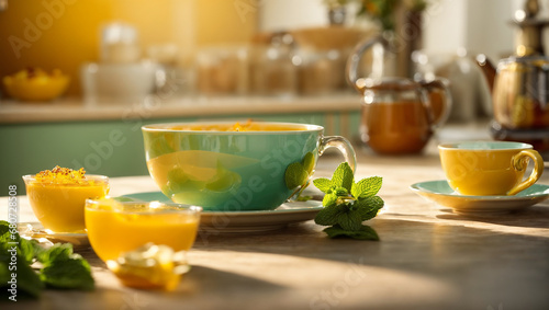 Cup with tea, mint leaves in the kitchen