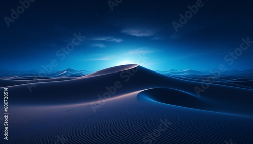 a blue desert field of sand at night photorealistic detail smooth curves minimalist color palette photo