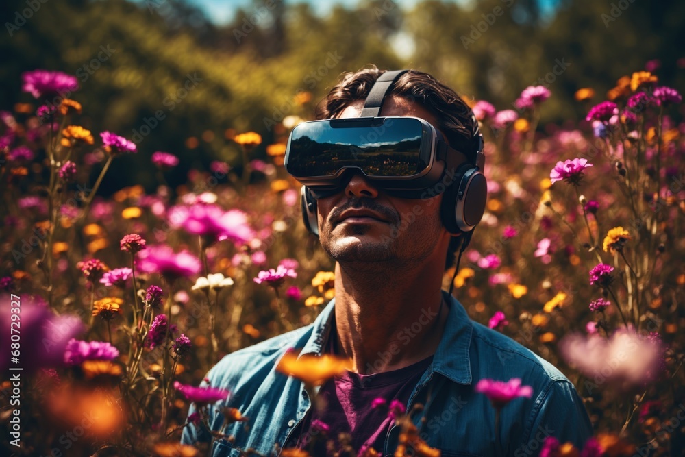 A man wearing VR headset user, surreal world and virtual reality, colorful flowers fields. ai generative