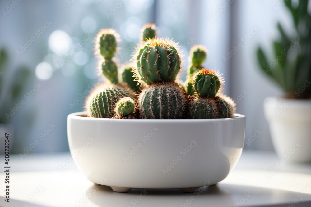 a small cactus in a white pot on a white table. ai generative a small cactus in a white pot on a white table. ai generative
