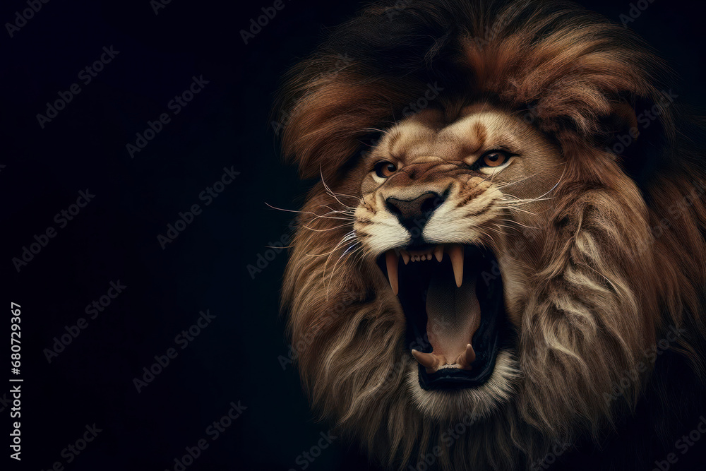 An angry lion with an open mouth on a dark background. ai generative
