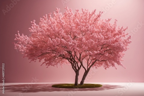 a pink tree with white flowers on a pink background with a shadow of a tree on the ground. ai generative © Igor