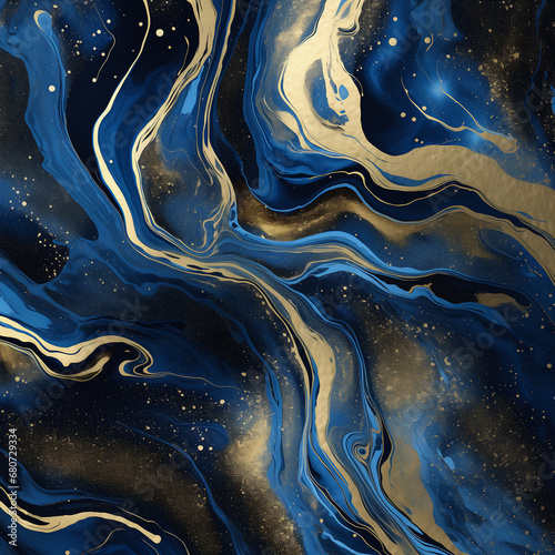 Blue marble background with gold foil waves. Abstract texture created with Generative Ai technology