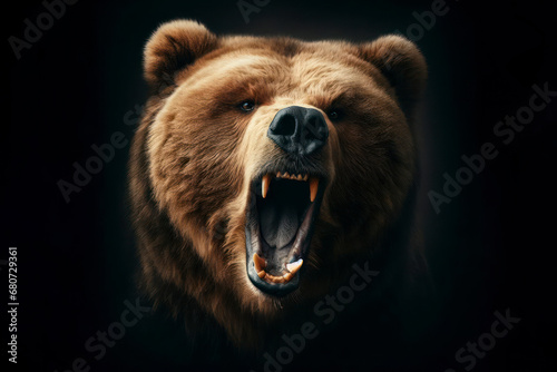 An angry bear with an open mouth on a dark background. ai generative