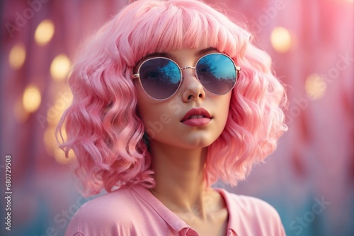 Carefree girl on pink wig and sunglasses on pastel background. ai generative