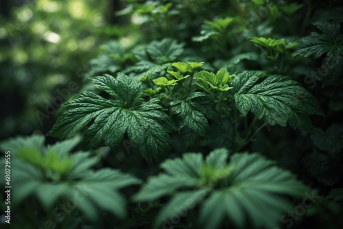 Closeup view of dark green leafed plants in nature  showcasing the intricate details of the leaves. ai generative