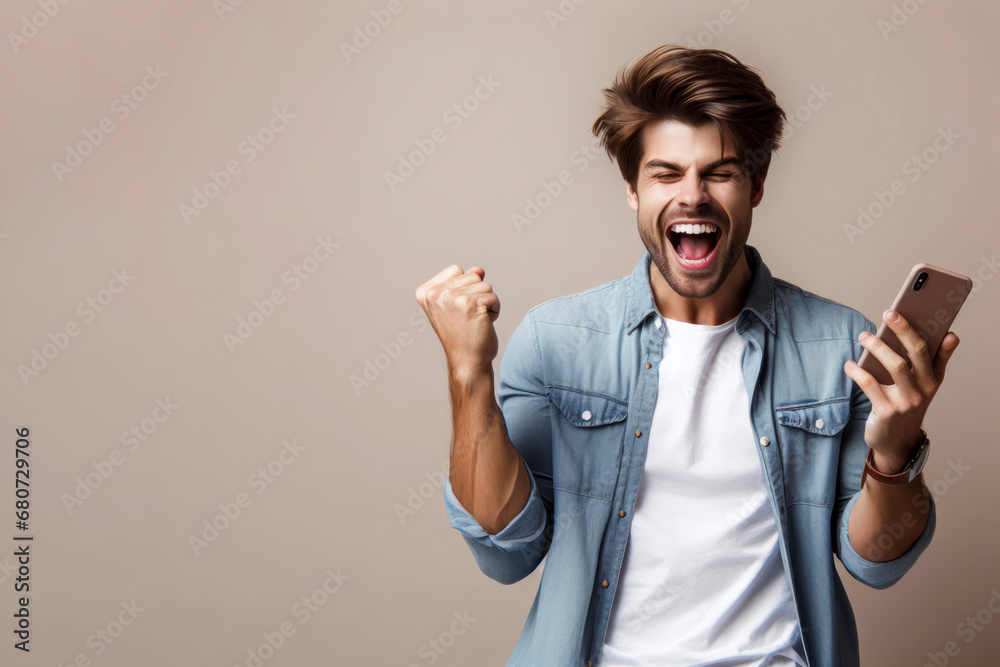Excited happy young man with phone rejoices in victory or winning on solid background. ai generative Excited happy young man with phone rejoices in victory or winning on solid background. ai generative