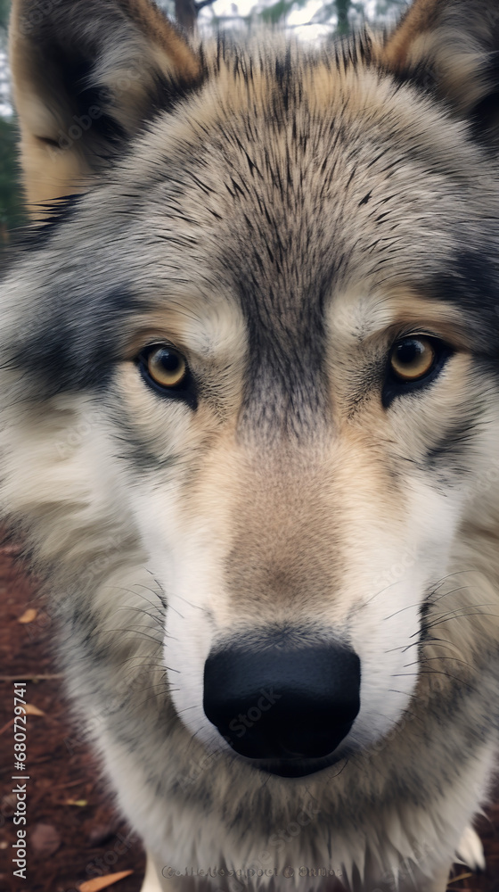 An extreme closeup of a wolf looking at the camera lens