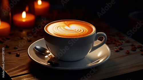 An image of a white cup with latte art  in the style of dark atmosphere