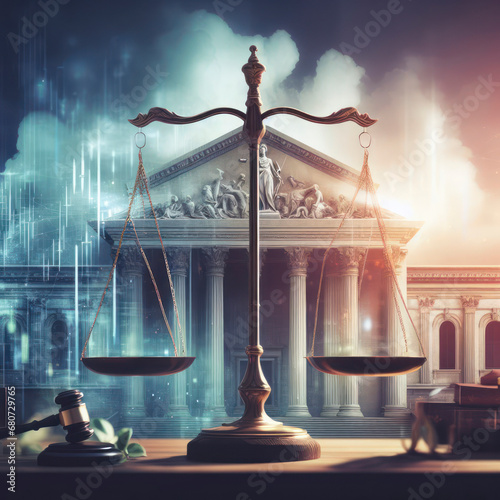 Fairness scales of justice against court house building background banner. ai generative