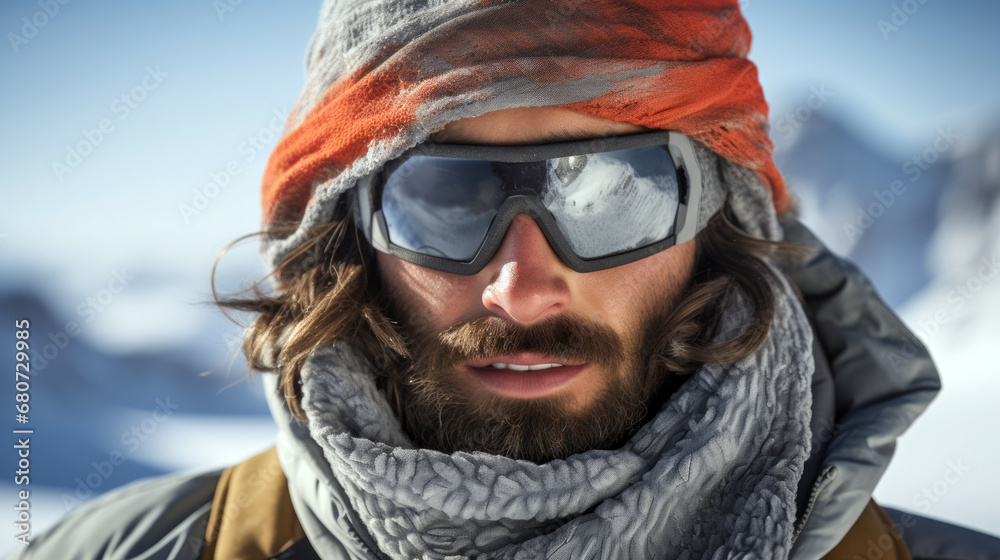 Determined Explorer in Snowy Mountains Determined Explorer in Snowy Mountains