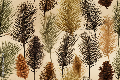 Collection of pine branches and pine cones  watercolor style  joyful and magical  brown textured paper background