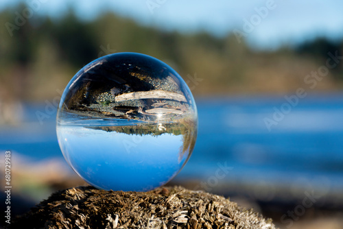 An image of a glass lens ball resting on driftwood and reflecting a clear image of the blue ocean water in the background. 