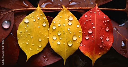 Leafs of three different colors with water droplets