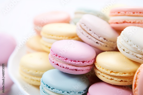 Macarons, pastel colors, white background