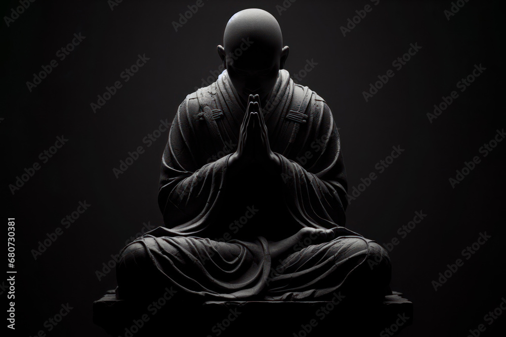 praying monk sit on solid black background. ai generative - obrazy, fototapety, plakaty 