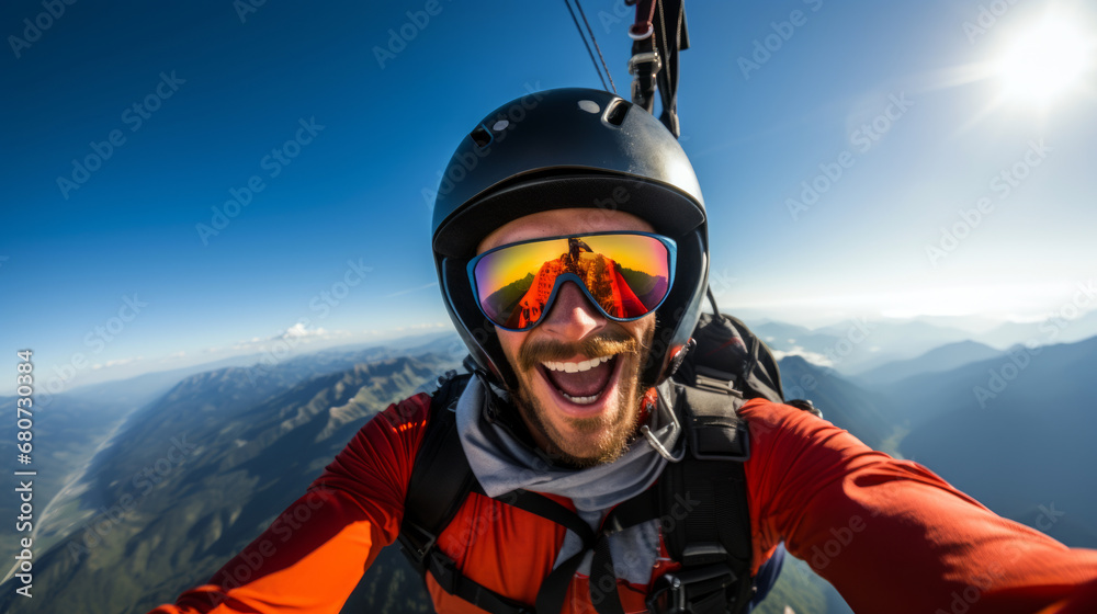 Joyful Paraglider Above Mountains Joyful Paraglider Above Mountains