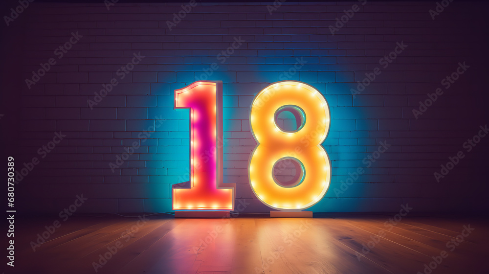 The number 18 made out of colorful neons in front of a wall | Uwalls.co.uk