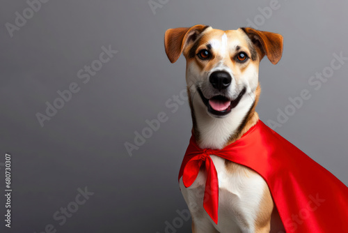 Portrait of superhero dog wearing red cape on solid color background. ai generative © Igor