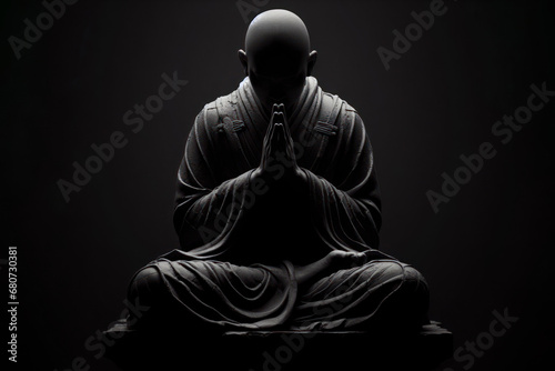 praying monk sit on solid black background. ai generative photo