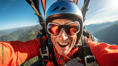 Joyful Paraglider Above Mountains