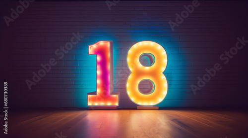 The number 18 made out of colorful neons in front of a wall photo