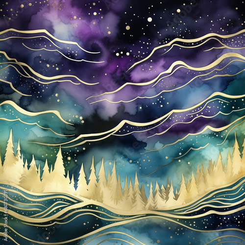 Landscape with forest trees and mountains. Magic night sky with stars. Watercolor background created with Generative Ai technology