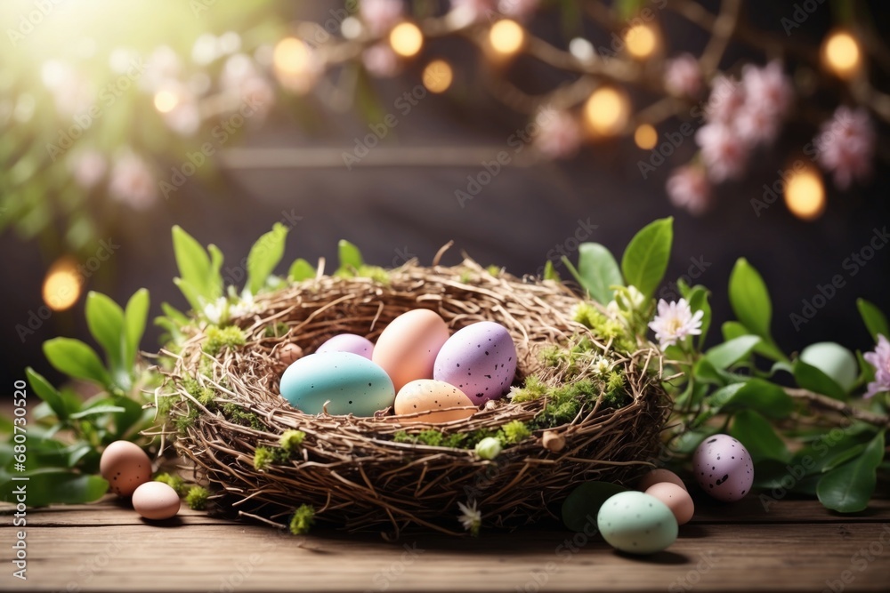 Spring Easter theme with a nest on a wooden background and plentiful copy space. ai generative Spring Easter theme with a nest on a wooden background and plentiful copy space. ai generative