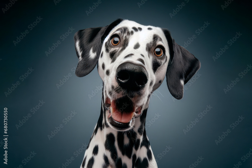 Studio portrait of a dalmatian dog with a surprised face, concept of Pet Photography. ai generative